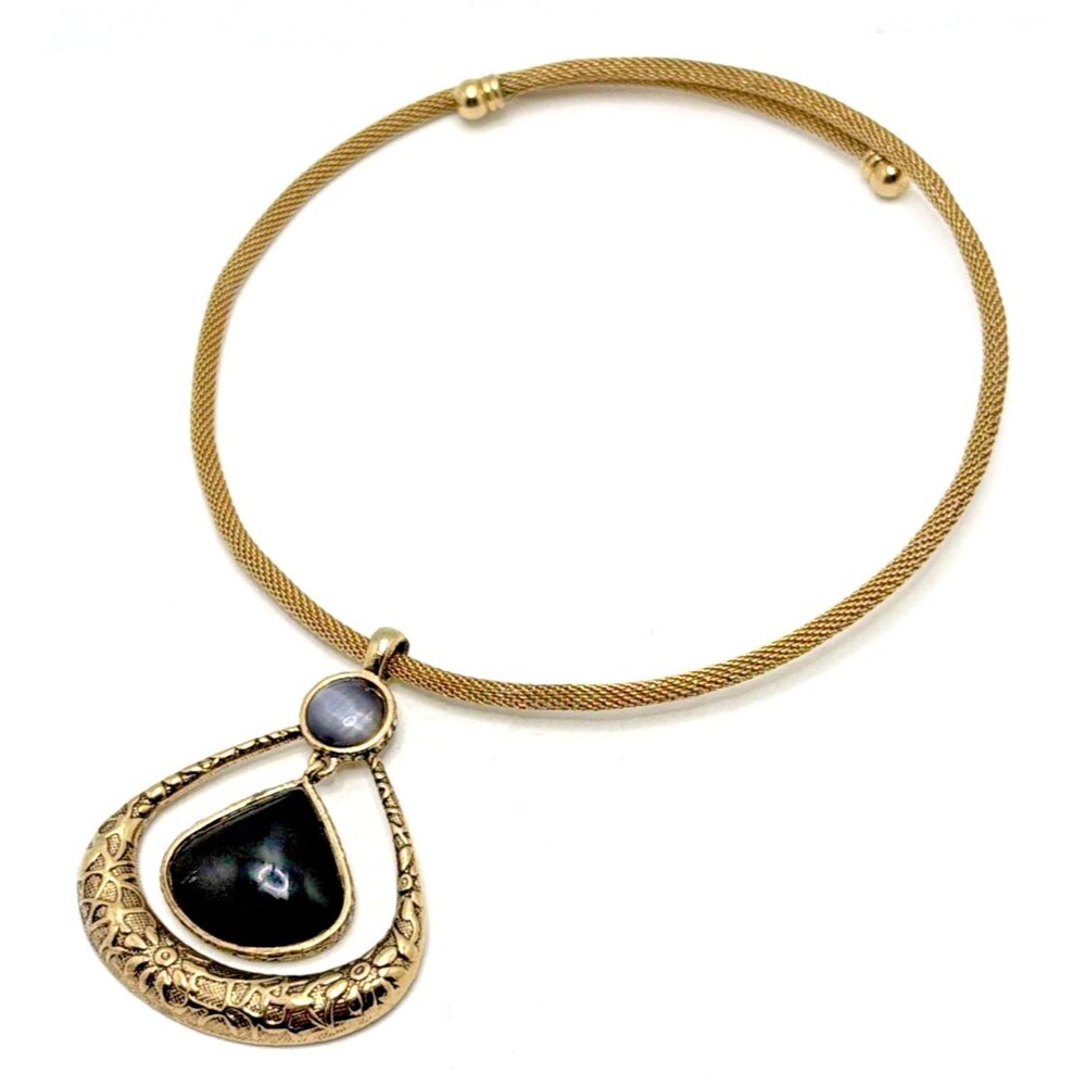 Vintage Mesh Wire Collar Choker Pendant Necklace Gold Tone Statement 17"